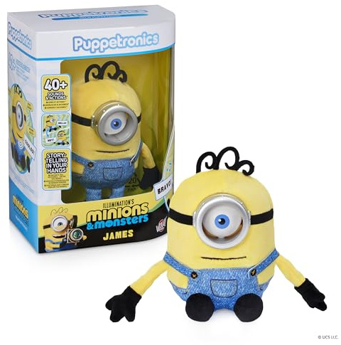 WOW! STUFF Minions Palm Puppetronic - James | 40+ ljud och åtgärder | Blinkande öga & rörlig mun | Par med Minions Henry & Palm Puppetronics | För fans ålder 6+