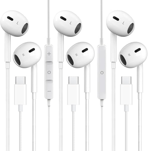 Lot de 3 écouteurs USB C pour iPhone 17, 16, 15, iPad Pro - Écouteurs de type C avec microphone et contrôle du volume pour iPhone - Écouteurs filaires USB C, pour Google Pixel 8, 7, 6A, 5, Samsung S24