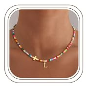 Turandoss Collier de perles colorées avec lettres pour femme et fille – Chaîne de perles colorées dorées avec lettres et croix – Cadeau d'anniversaire pour femmes, adolescentes, filles, enfants