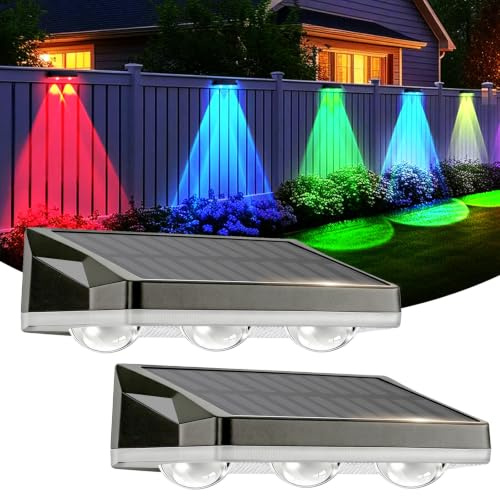 2 Pack Solar Fence Lights Outdoor Waterproof IP65, 13 Lighting Modes RGB Solar Powered Lights for Fence Post Wall Yard, Auto On/Off Dusk to Dawn, 20H Runtime, Patio Deck Railings Steps Backyard (C)