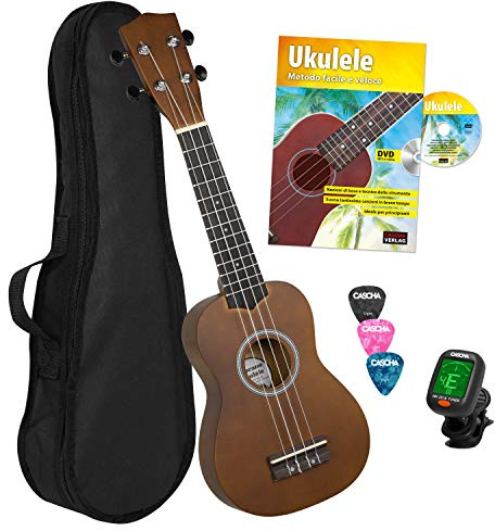CASCHA HH 3956 IT Sopran Ukulele Bundle mit italienischer Schule, Stimmgerät, Tasche, 3 Picks und Aquila Qualitäts-Saiten