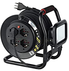 Electraline 49035 Avvolgicavo uso professionale con prolunga e con Proiettore LED 10W, 4 prese 10/16A, con tamburo fisso, sezione cavo 3G1,5 lunghezza 20m