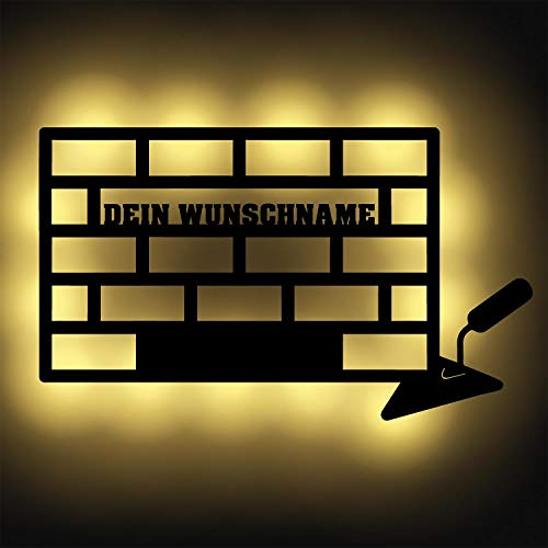 Namofactur personalisierte Maurerkellen-Wandlampe aus Holz mit LED-Licht | Mit Wunschname und batteriebetriebener LED-Beleuchtung – in verschiedenen Farben für Werkstatt oder Wohnraum wählbar