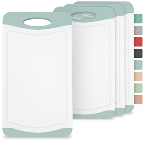 Juego de 4 tablas de desayuno, de plástico, 25 x 14 cm, sin BPA, antideslizante, con surco y mango, apto para lavavajillas, tabla para cortar (azul/blanco)