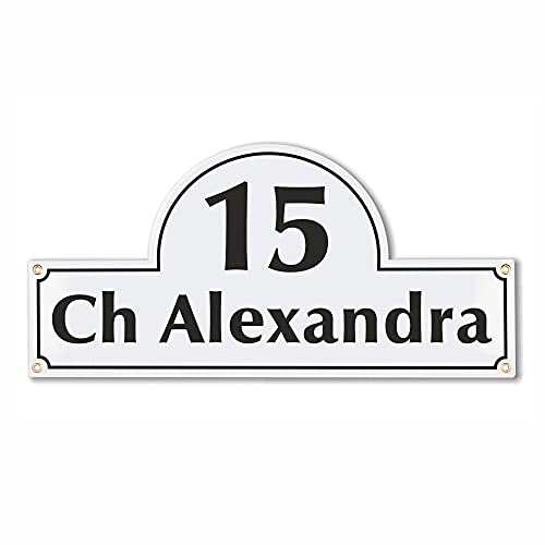 Sosenco Hausnummerschild Hausnummer mit Straßenname - 24x50 cm - Keramik Emaille - Wetterfest - Personalisiert (Weiß)