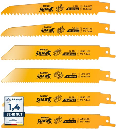 BAURIX® Lame per Seghetto - SHARK® [6 Pezzi] - 150 mm - 5/8 a 24 TPI - Seghetto Legno per tagli veloci e puliti - Lame Seghetto per chiodi, metallo, plastica e legno - Lama Sega Gattuccio