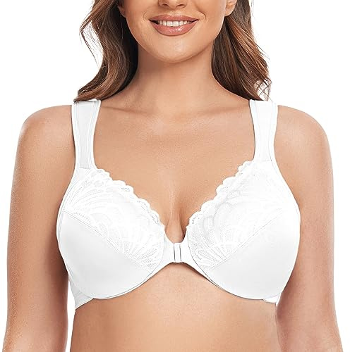 CASOLACE Women's Sexy Lace Plus Size Underwired Unlined Front Fastening Bras White 42DD