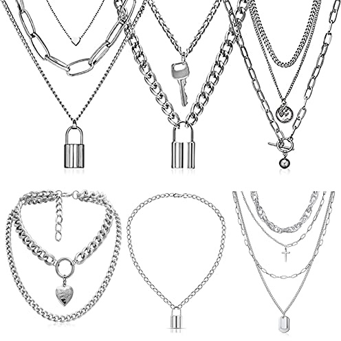 6 stycken punk kedja halsband set för presentaktiviteter, bröllop, anställdas välsignelser, fester, dansfester (silver)