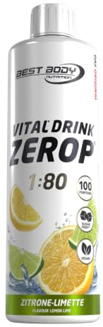 Best Body Nutrition Vital Drink ZEROP - Zitrone-Limette, Original Getränkekonzentrat - Sirup - zuckerfrei, 1:80 ergibt 40 Liter Fertiggetränk, 500 ml | Zuckerfrei, ohne Aspartam, kalorienarm, mit Vitamin B1, B6 und Niacin, Mischverhältnis 1:80, Geschmack Zitrone Limette
