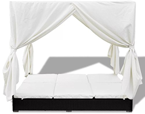 Susany Sonnenliege mit Vorhängen Gartenliege Polyrattan Doppelliege Rattanliege Liegestuhl 197 x 140 x 180 cm für 2 Personen Außenbereich, Schwarz