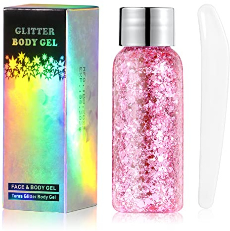URAQT Body Glitter Gel, Chunky Glitter Gel, Body Lotion Glitzer,Rosa | Flüssiger Lidschatten Meerjungfrau Pailletten Funkelnde für Gesicht Haare Lippen Nägel Make Up Kosmetik Festival Halloween