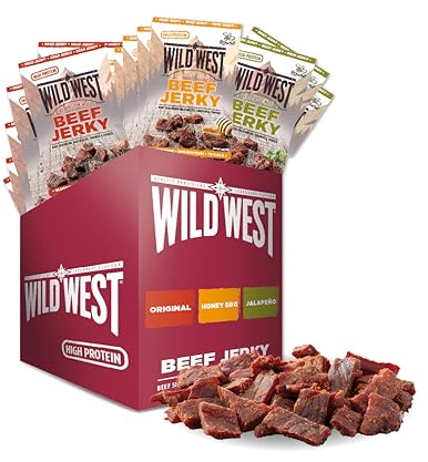 Wild West Beef Jerky, Mix Box 60g, 12er Pack mit 4x Original, 4x Honey BBQ, 4x Jalapeno, Rinderdörrfleisch, Beef Jerky high Protein Trockenfleisch, Protein Snack