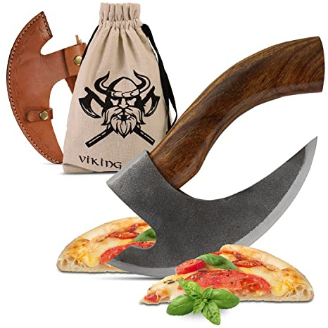 VIKING CRAFT Pizza Axt Pizzamesser mit Holzgriff für Pizza & Wikinger Deko