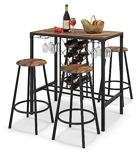 RELAX4LIFE Bartisch Set 5-Teilig, Stehtisch mit 4 Barhockern, Küchentisch mit Weinregal & Glashalter, Küchentresen mit Barstühlen, Esstisch im Industrie-Design, für Küche, Vintagebraun-Schwarz