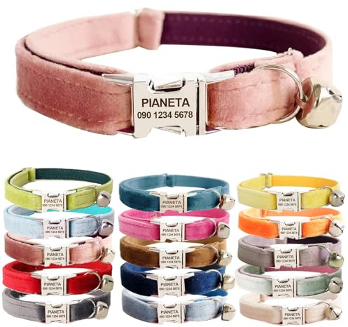 Personalisiertes Katzenhalsband, Samt Haustier Halsband personalisierbar mit Namensschild und Telefonnummer, graviert, für Kätzchen, Welpen, Samt, Pink, S (16cm-26cm)