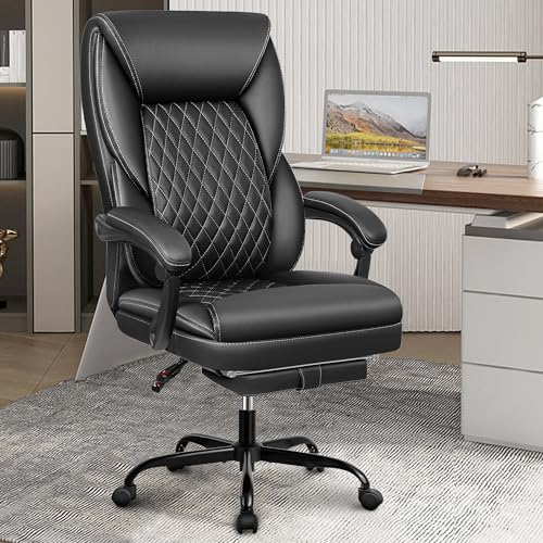 BestEra Bürostuhl Office Chair, Großer und hoher Chefsessel mit Fußstütze, Ergonomischer Schreibtischstuhl Lederstuh, Bürostuhl Home Office mit Verstellbarer Rücklehner und Lordosenstütze(Schwarz)
