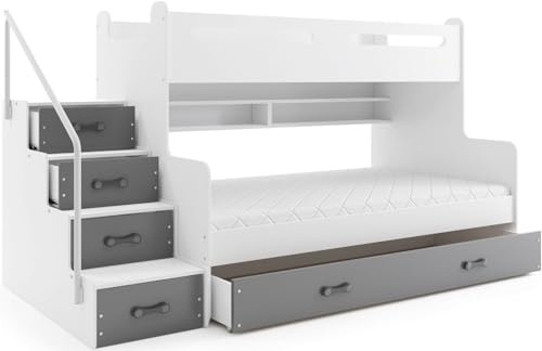 All4All Hochbett Max III Doppelstockbett mit Schublade,Bett, Jugendbett, Weiß,Rosa, Blau Grau 20 (mit Matratze, Weiß+Grau)