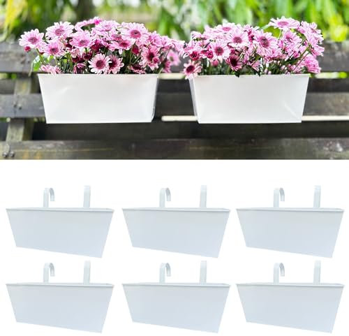 LalaGreen - Macetero rectangular de metal blanco para exteriores (6 unidades, 12 pulgadas), para balcón, barandilla colgante, para fresas, plantas suculentas, estilo rústico de campo para exteriores