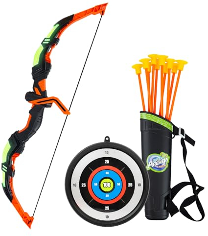 RedCrab Pfeil und Bogen Kinder, Bogenschießen Set Spiele für Kinder mit LED-Leuchten, 10 Saugnapf Pfeile, Kinderbogen und Zielscheibe, Spielzeug ab 3-8 Jahre Jungen Geschenke für Kinder