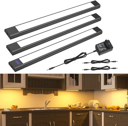 WOBANE Led Cocina Bajo Mueble, 3 x 30cm Regulable Luz Armario con Sensor sin Contacto, Luces Cocina Debajo Mueble con Enchufe, Luz Led Adhesiva para Gabinete,Estanteria, Blanco Cálido 2700K, Negro