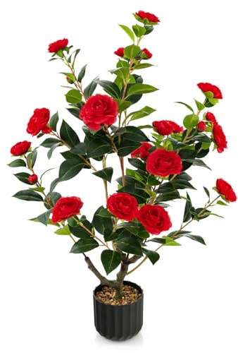 COSTWAY 95cm/3ft Artificial Camellia Tree, 1/2 PCS Faux Blooming Camellia Plant with 24/48 Flowers & Rain-Flower Pebbles, Fake Floral Plants in Cement Pots for Home Office Decor (1, Red)