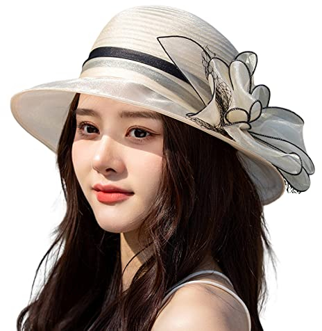 Organzahut Damen Sonnenhut Blumen Sommerhut Frauenorganza Hut Strandhut Sonnenschutz, Elegante Party Hut Netz Organzahut Kopfschmuck Braut Hochzeit Sonnenhüte Bowler Hut Fascinator (Beige, One Size)