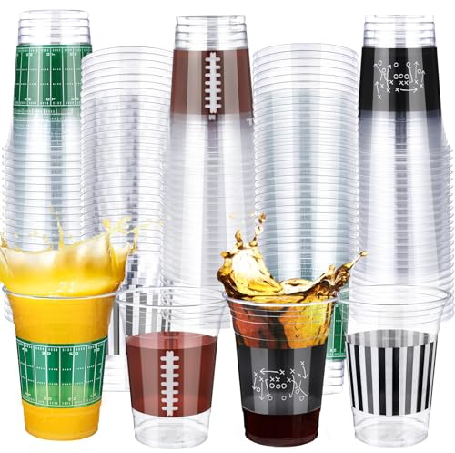 Qinyoung 100 Pcs 16oz Football Cups Football Party Plastic Disposable Clear Cups for Tailgate Football Game Events Drinkware Decorations Sports Birthday Football Themed Party Supplies