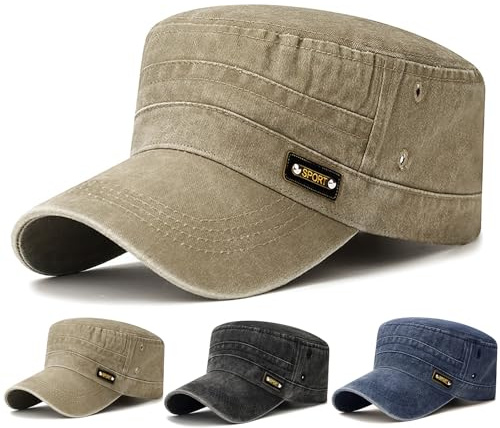 Initlove Cadet Army Cap for Men Unisex Military Flat Top Hat Beige Sport