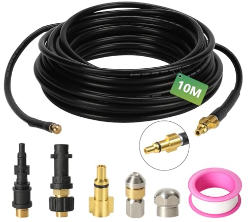Herrselsam Kit de tuyau de nettoyage de canalisations, 10 m, 180 bar, avec 1 adaptateur, buses rigides et rotatives, compatible avec les nettoyeurs haute pression k2-k7, Lavor