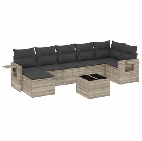 vidaXL Garten Sofagarnitur mit Kissen 8-TLG., Gartenmöbel Gartengarnitur, Sitzgruppe Sitzgarnitur, Lounge Sofa Garnitur Terrasse, Hellgrau Poly Rattan