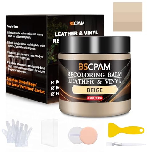 BSCPAM Riparazione Pelle Kit,Beige Tintura Pelle,Ripara Pelle Divano per Graffi/Macchie,Rinnova Volante in Pelle,Sedili Auto,Divano,Sofa,Giacca,Scarpe,Sella Riparare Sbiaditure,Crepe,Graffi sul Cuo