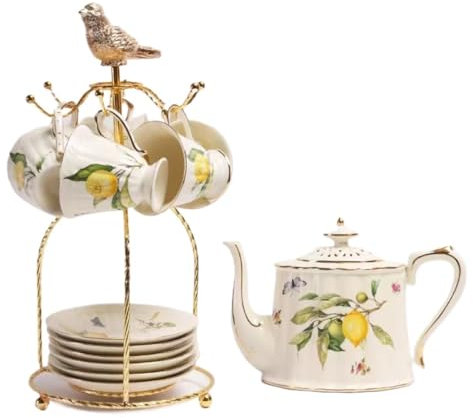 Porzellan-Espressotassen-Set, 14-teiliges Tassen- und Untertassen-Set, Teeservice mit Teekanne, Vintage-Porzellan-Teeservice for Erwachsene, Kaffeetassen und Untertassen, Old Country Roses-Teekanne