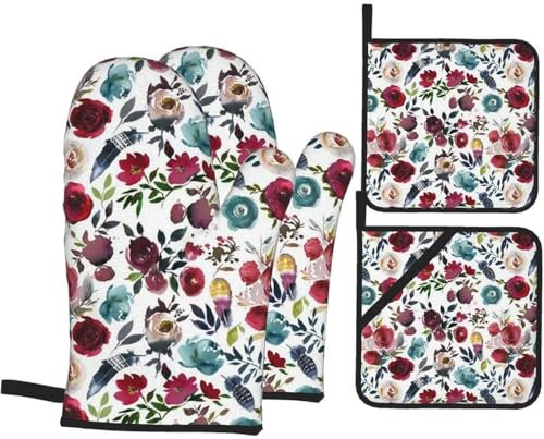 Topflappen Und Topflappen Set Von 4 Blumenwein Boho Blume Grillhandschuhe Druck Topfpads Weiches Topfhandschuhe, Für Küche, Backen, Grillen