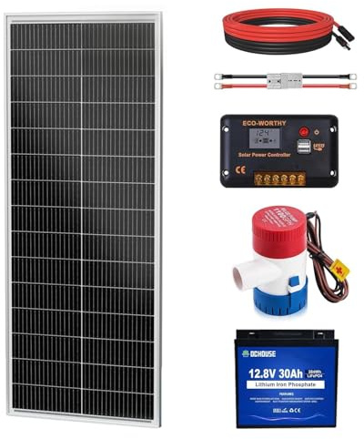 DCHOUSE Bomba de achique de 1100 GPH, 12 V CC, panel solar de 100 W, batería de 30 Ah, regulador de carga solar de 20 A, cable de batería de 50 A para estanques, piscinas, barcos de pesca y caravanas