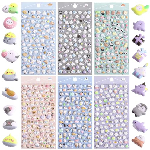 KFHENSOMR 6 Blatt Niedliche Mini Puffy Sticker, Süße Mini 3D Aufkleber Kinder Kawaii Tiere Wasserdicht Tiere Sticker DIY Set Winzige für Handyhüllen Notizbuch Scrapbooking