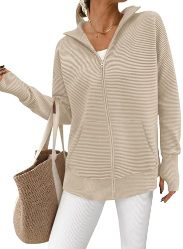 PRETTYGARDEN Womens Fall 2025 Long Sleeve Zip Up Cardigan Sweaters Casual Loose Collared Ribbed Knit Tops Jackets Thumb Hole(Light Khaki,Medium)