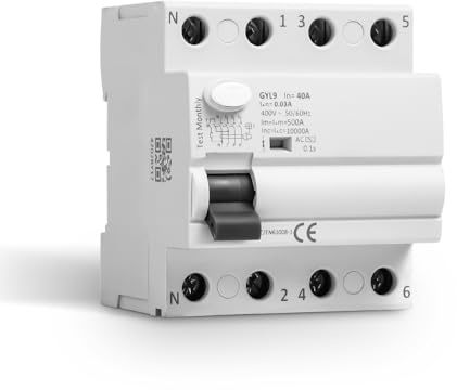Salvavita Differenziale 40A Interruttore di Corrente Residua 4P 30mA 10KA | Elettromagnetico Salvavita, Protezione Perdite, 415V Guida DIN 35 mm, per Residenze e Industrie