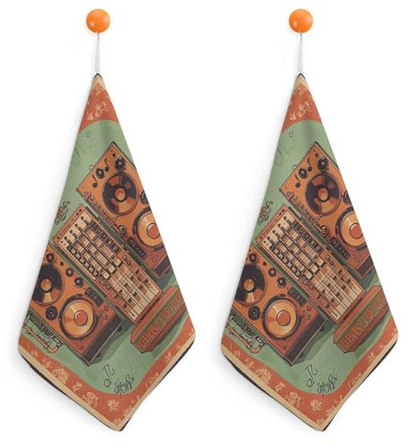 Premium Hand Towels Set of 2PCS Super Soft Absorbent Hand Towels Jazz Music Equipment with Vintage Background Decorative Quick Drying Kitchen Towel with Hanging Loop Microfiber Multi-Purpose Camping T