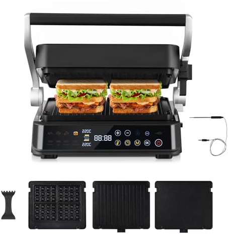 AMZCHEF 6-in-1 Health Grill & Griddle with 180° Adjustable Plates, GrillBoost (280°C) – Indoor Grill, 4 Non-Stick Plates for Steaks & More – 2000W, Dishwasher Safe