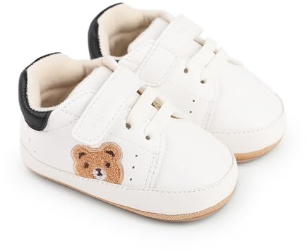 Infant Baby Boys Girls Moccasins Sneakers Bear Embroidery Soft Sole Flat PU Leather Anti-Slip Prewalkers Pram Toddler Trainers Run First Walker Shoes for 0-18 Months (Black, 12-18 Months)