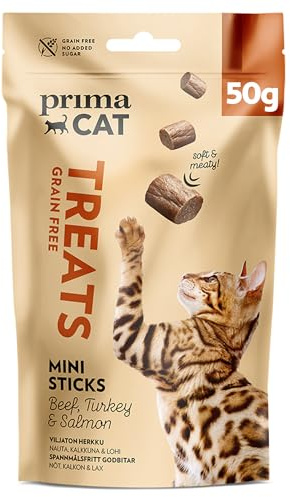 PrimaCat - Softy Mini Sticks Katzenleckerlis, Rind, Truthahn & Lachs, 50 g | Weiche, halbfeuchte Textur, leckerer Fleisch-Geschmack, getreidefrei, ohne Zuckerzusatz, perfekt als Belohnung, maisfrei