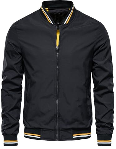 Harrington-Bomberjacken für Herren, lange Ärmel, dünner Bikermantel, Cargojacke, keine Kapuze, klassisch, leicht, Frühling, Herbst, Retro, einfarbige Mäntel, Schwarz , L
