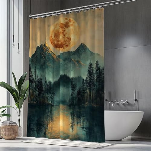 Duschvorhang 90x200 cm Dunkelgrün Duschrollo für Badewanne, Shower Curtains Berg Duschvorhänge, Beschwerter Saum, Überlänge Wasserdicht und Trocknet Schnell, Faltbarer Duschvorhang Waschbar H1-681