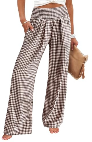 ANRABESS Womens Palazzo Pants, Striped & Gingham, Lounge & Casual, Cute Pajama Pants, Wide Leg, High Waisted, Pockets Brown White Plaid Small