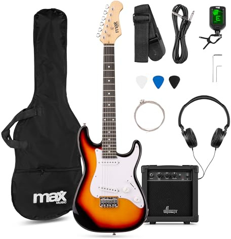 MAX GigKit Junior – Guitarra eléctrica infantil con amplificador, funda, afinador, púas y accesorios – kit guitarra y amplificador ideal para niños y niñas – Sunburst - 3/4 Junior