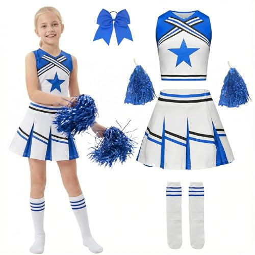 Raveparty Cheerleader Kostüm für Mädchen, Kinder Cheer Outfit Set mit Kleid, Pompoms, Socken, Faschingskostüme für Karneval, Party, Cosplay (Style C, 120)