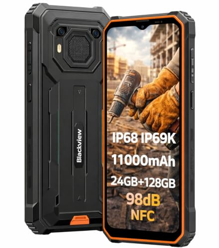 Blackview BV6200 Plus Téléphone Incassable, 24GB+128GB, Batterie 11000mAh, Haut-Parleur Ultra-Fort 3W 98dB, 16MP+13MP, 6,56'' HD+, Android 15 Dual SIM IP68 Étanche Smartphone Débloqué, NFC Orange