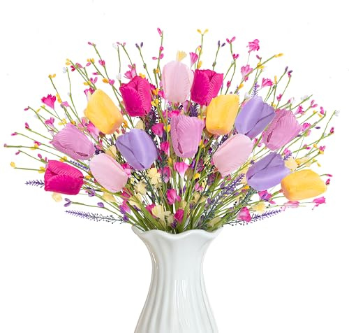 15 Pcs Artificial Tulips Wildflowers Spring Flower Stems, Fake Tulips Artificial Flowers Bouquets with Wildflowers, Colorful Spring Floral Picks for Easter Spring Floral Arrangements Vase Centerpieces