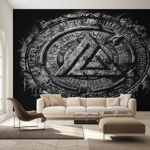 Wall Mural Norse Mythology Wallpaper - Viking Valknut Symbol Photo Wallpaper for Living Room Bedroom, Non-Woven Dark Grey Wall Paper Home Decor Art 500x350 cm w6g30