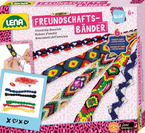 LENA - 42686 Kit de Bricolage Bracelets d'amitié avec du fil en 6 couleurs et de nombreuses perles à enfiler, ensemble de nouage pour enfants à partir de 6 ans, avec instructions